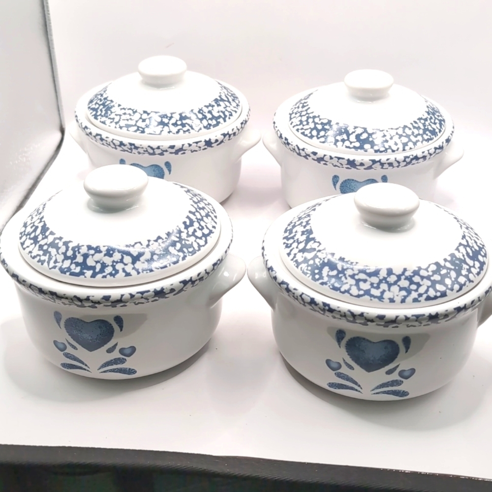 Four (4) Vintage 90's Jay Imports Blue Heart Soup Bowls With Lids - Picture 7 of 7